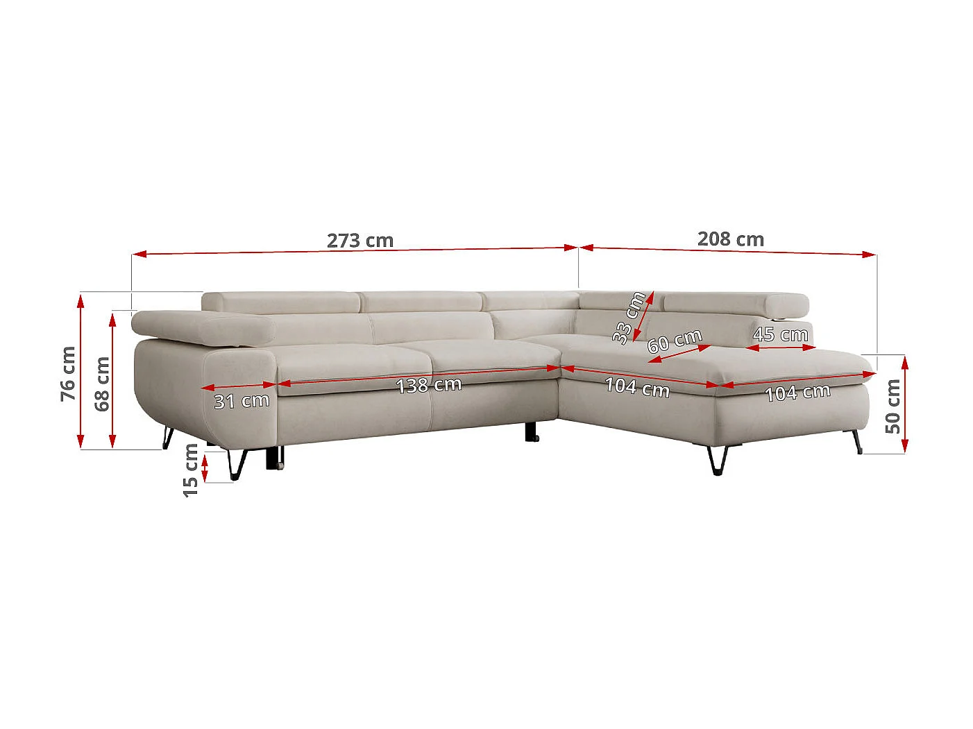 Ecksofa PETER verstellbare Kopfstütze, schlaffunktion - Hellbeige Velvet - Ecke Links