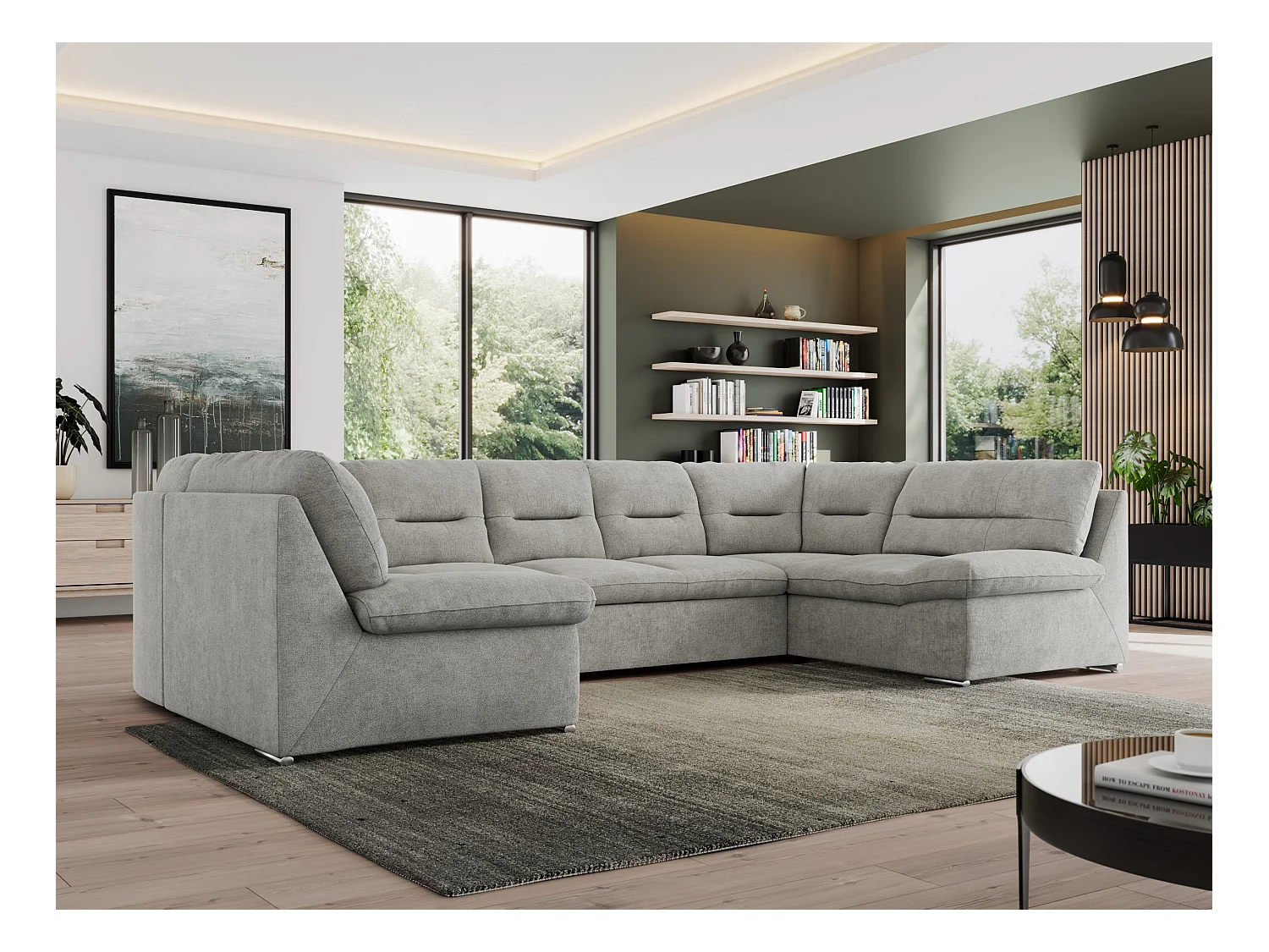 Ecksofa MORBIDO U, XXL Wohnlandschaft mit schlaffunktion - Hellgrau Stukture