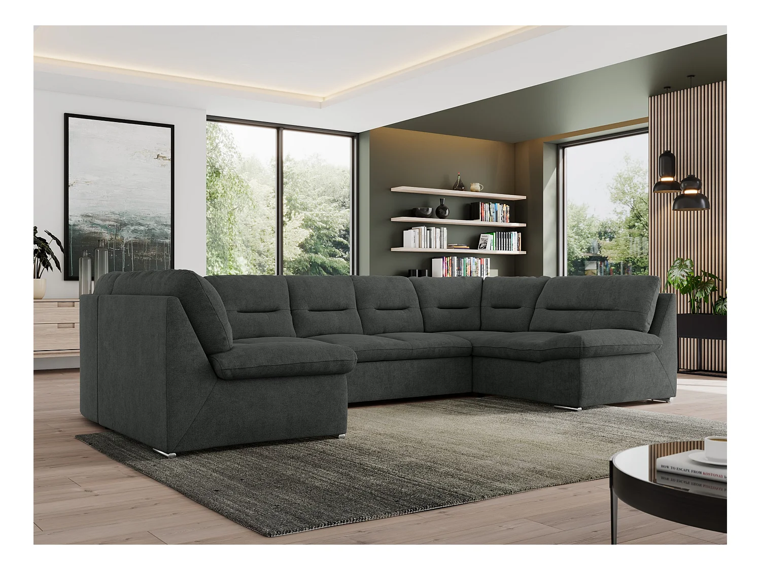 Ecksofa MORBIDO U, XXL Wohnlandschaft mit schlaffunktion - Dunkelgrau Stukture