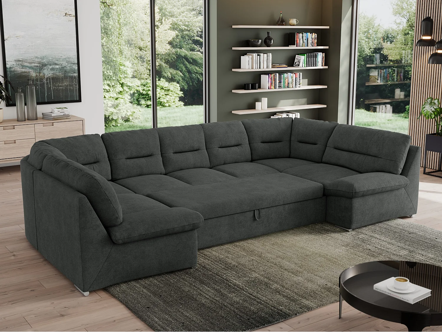 Ecksofa MORBIDO U, XXL Wohnlandschaft mit schlaffunktion - Dunkelgrau Stukture