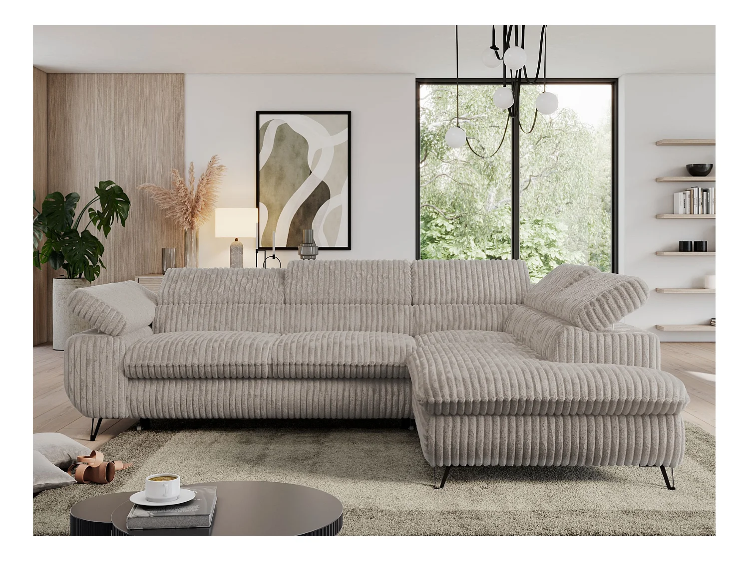 Ecksofa PEDRO - L-Form mit Schlaffunktion 200x125 cm, verstellbaren Kopfstützen - Grau Cord - Ecke Rechts
