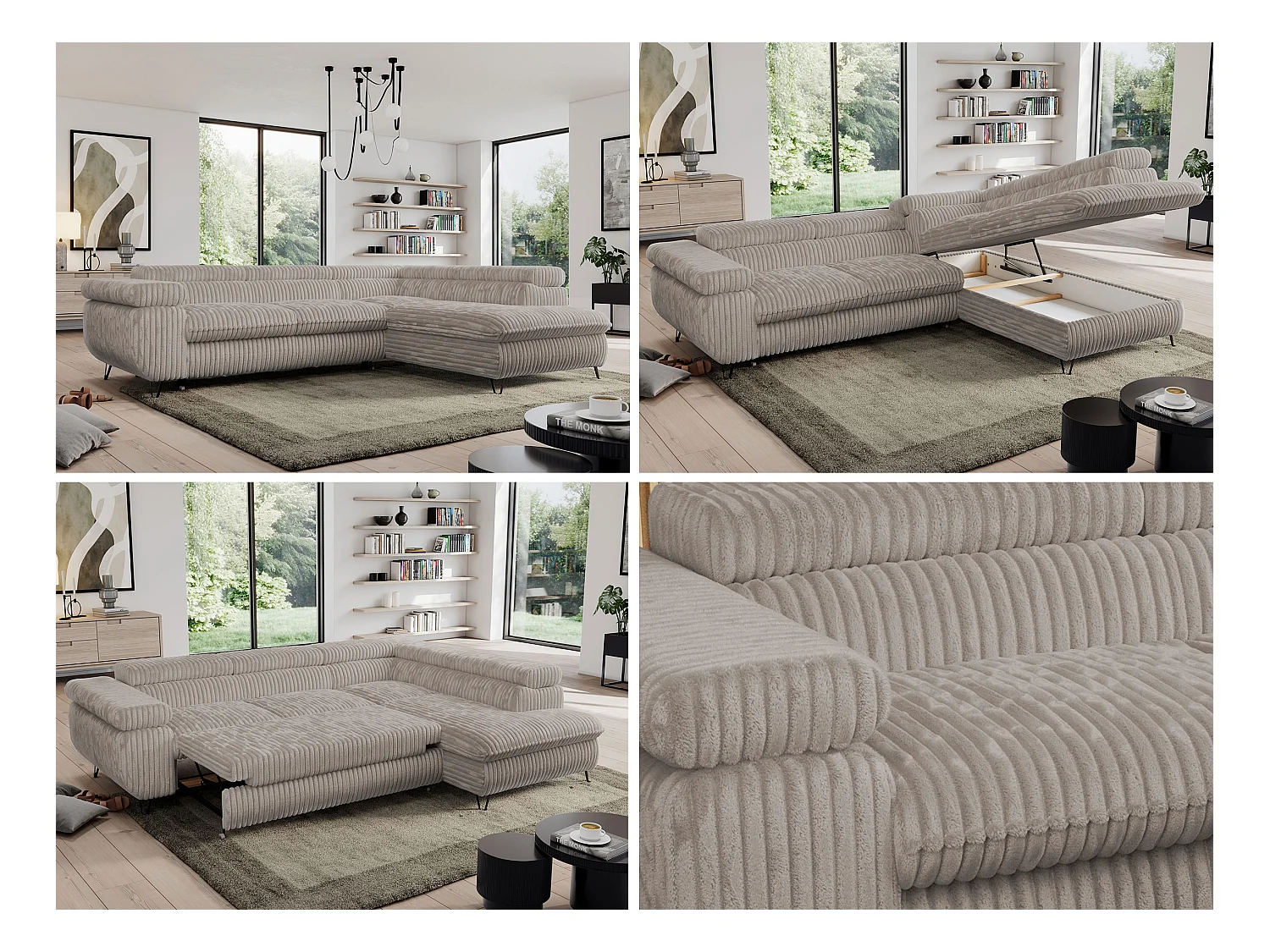 Ecksofa PEDRO - L-Form mit Schlaffunktion 200x125 cm, verstellbaren Kopfstützen - Grau Cord - Ecke Rechts