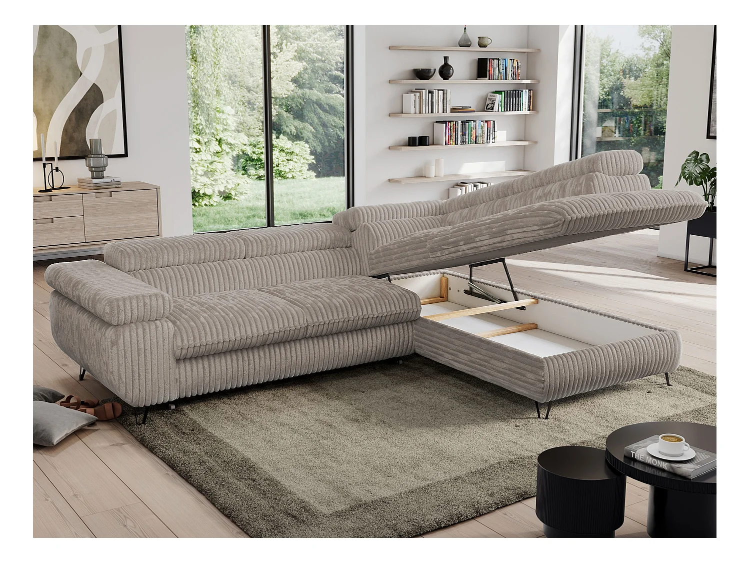 Ecksofa PEDRO - L-Form mit Schlaffunktion 200x125 cm, verstellbaren Kopfstützen - Grau Cord - Ecke Rechts