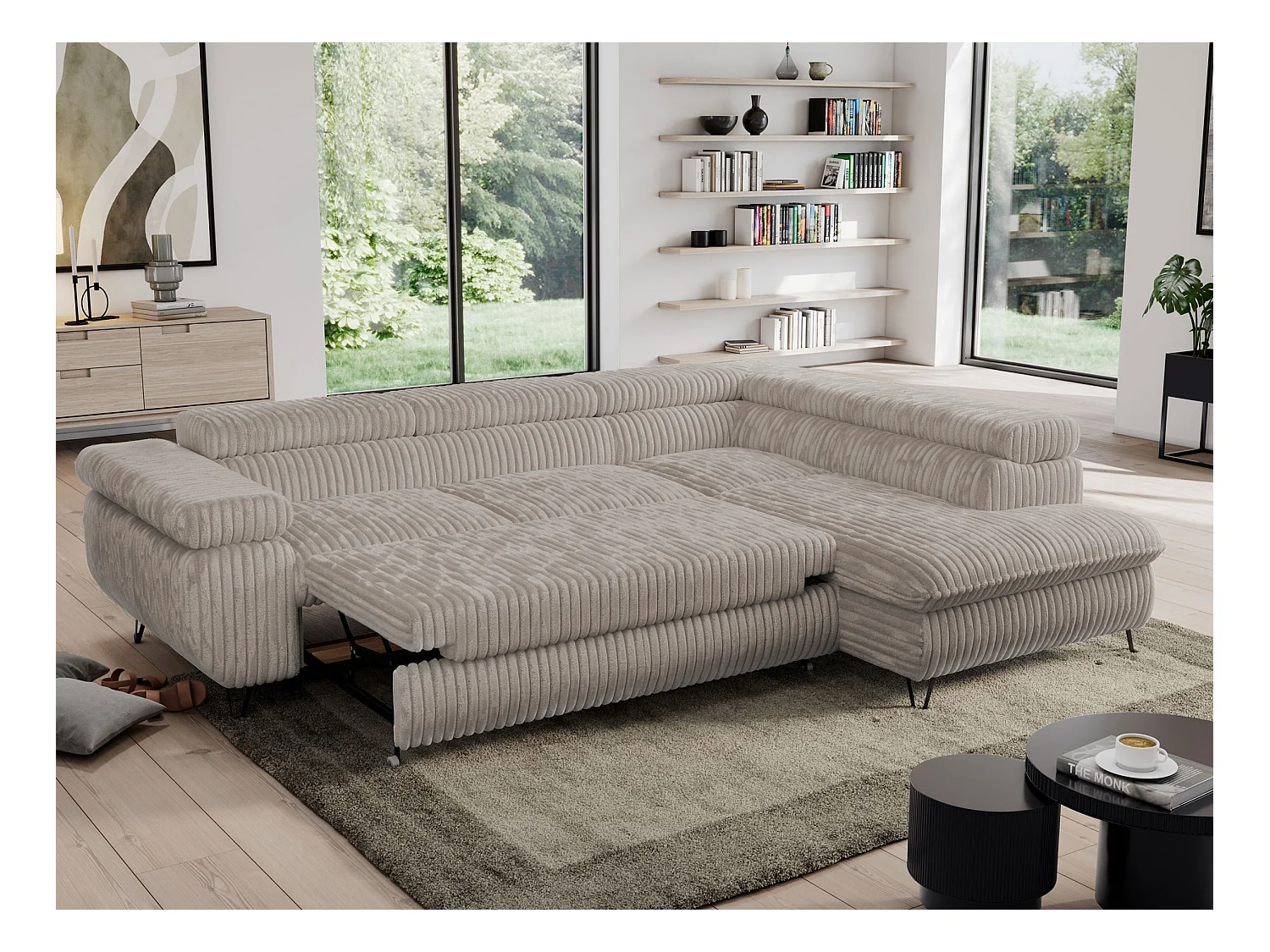 Ecksofa PEDRO - L-Form mit Schlaffunktion 200x125 cm, verstellbaren Kopfstützen - Grau Cord - Ecke Rechts