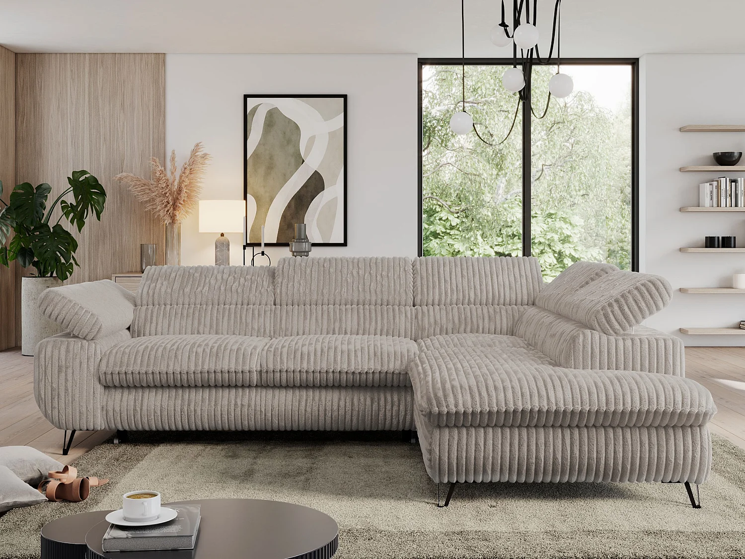 Ecksofa PEDRO - L-Form mit Schlaffunktion 200x125 cm, verstellbaren Kopfstützen - Grau Cord - Ecke Rechts