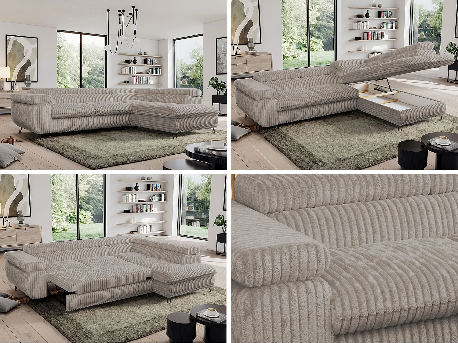 Ecksofa PEDRO - L-Form mit Schlaffunktion 200x125 cm, verstellbaren Kopfstützen - Grau Cord - Ecke Rechts