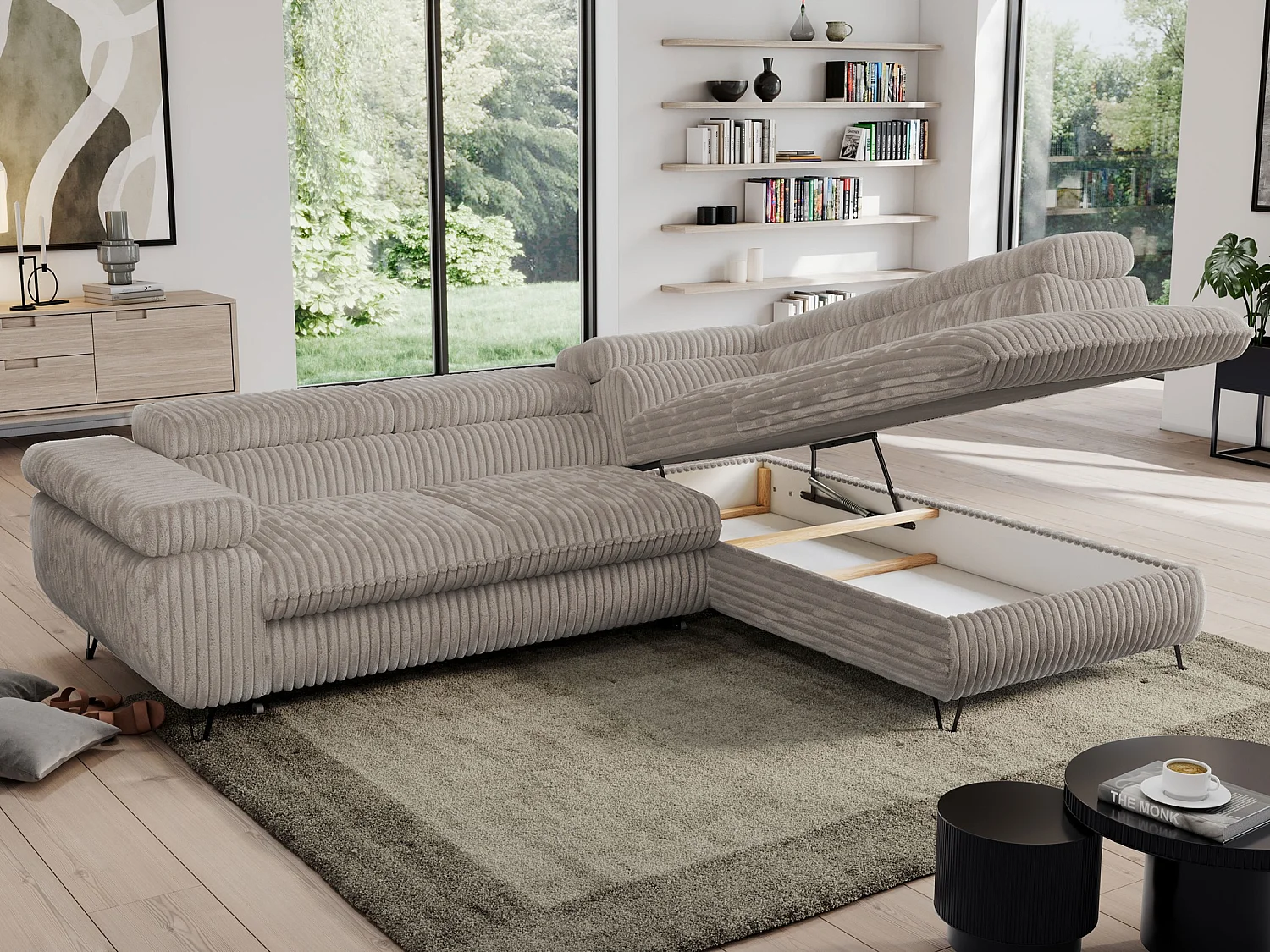 Ecksofa PEDRO - L-Form mit Schlaffunktion 200x125 cm, verstellbaren Kopfstützen - Grau Cord - Ecke Rechts