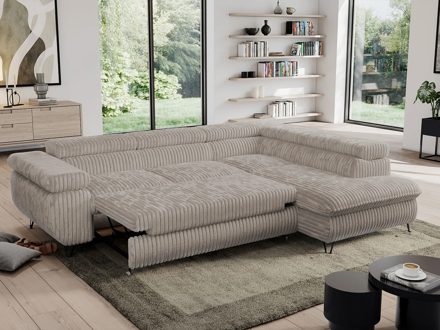 Ecksofa PEDRO - L-Form mit Schlaffunktion 200x125 cm, verstellbaren Kopfstützen - Grau Cord - Ecke Rechts