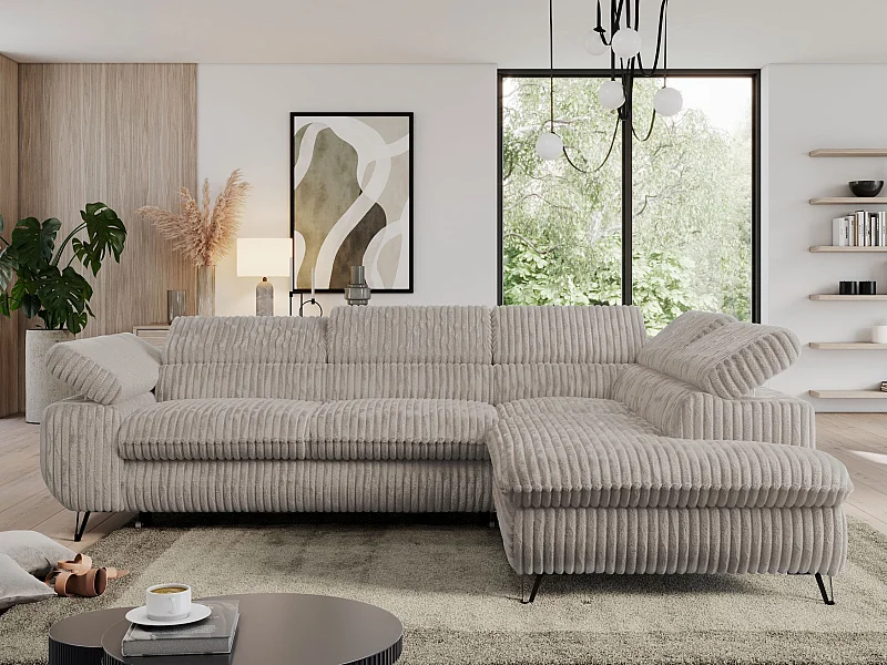 Ecksofa PEDRO - L-Form mit Schlaffunktion 200x125 cm, verstellbaren Kopfstützen - Grau Cord - Ecke Rechts