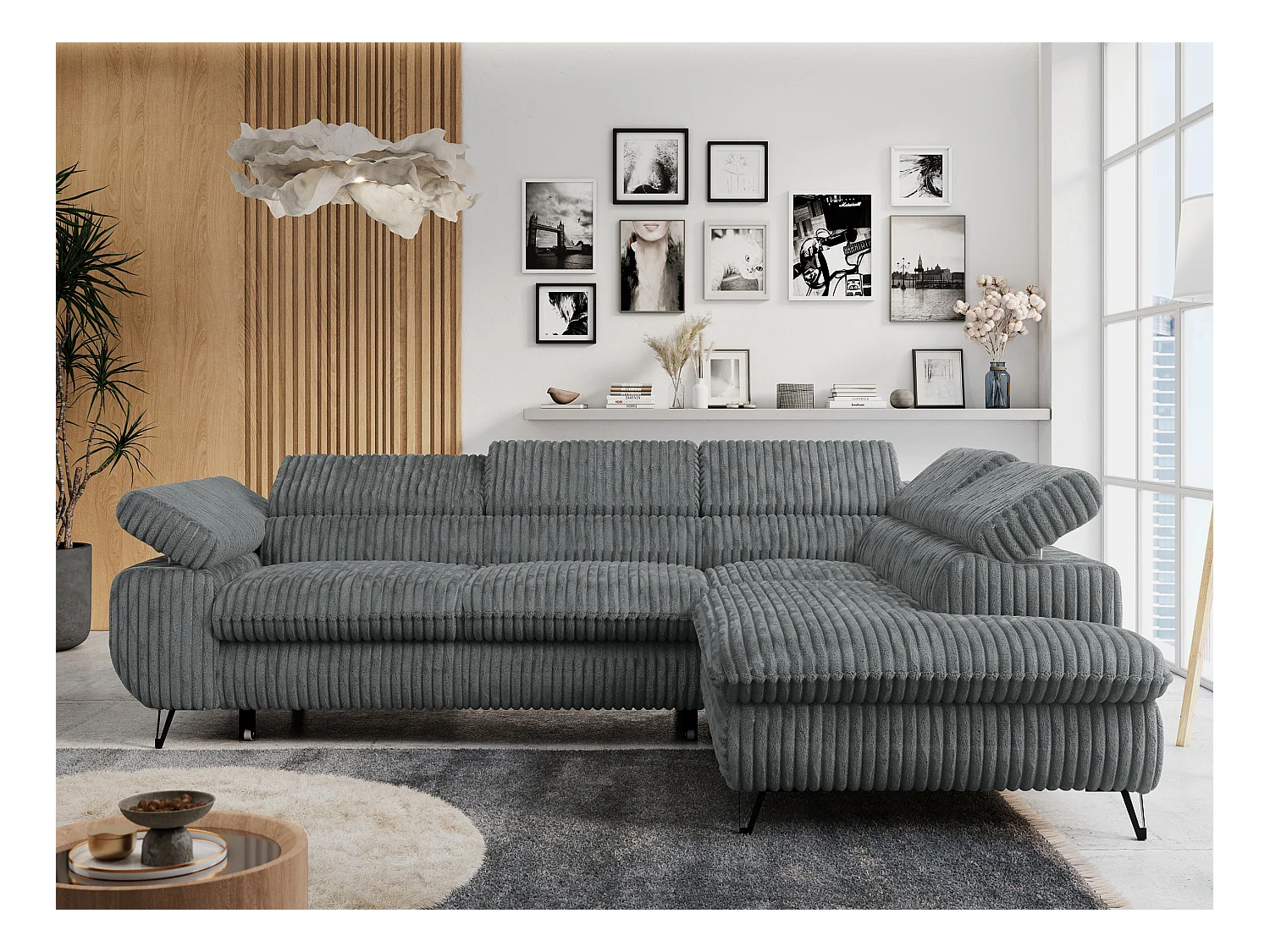 Ecksofa PETER verstellbare Kopfstütze, schlaffunktion - Dunkelgrau Cord - Ecke Rechts