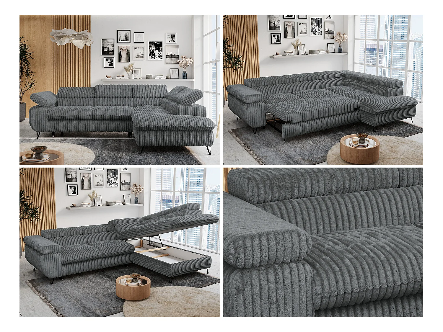 Ecksofa PETER verstellbare Kopfstütze, schlaffunktion - Dunkelgrau Cord - Ecke Rechts