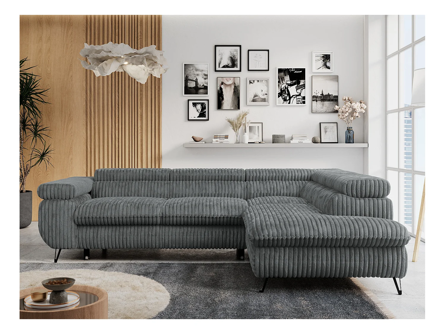 Ecksofa PETER verstellbare Kopfstütze, schlaffunktion - Dunkelgrau Cord - Ecke Rechts