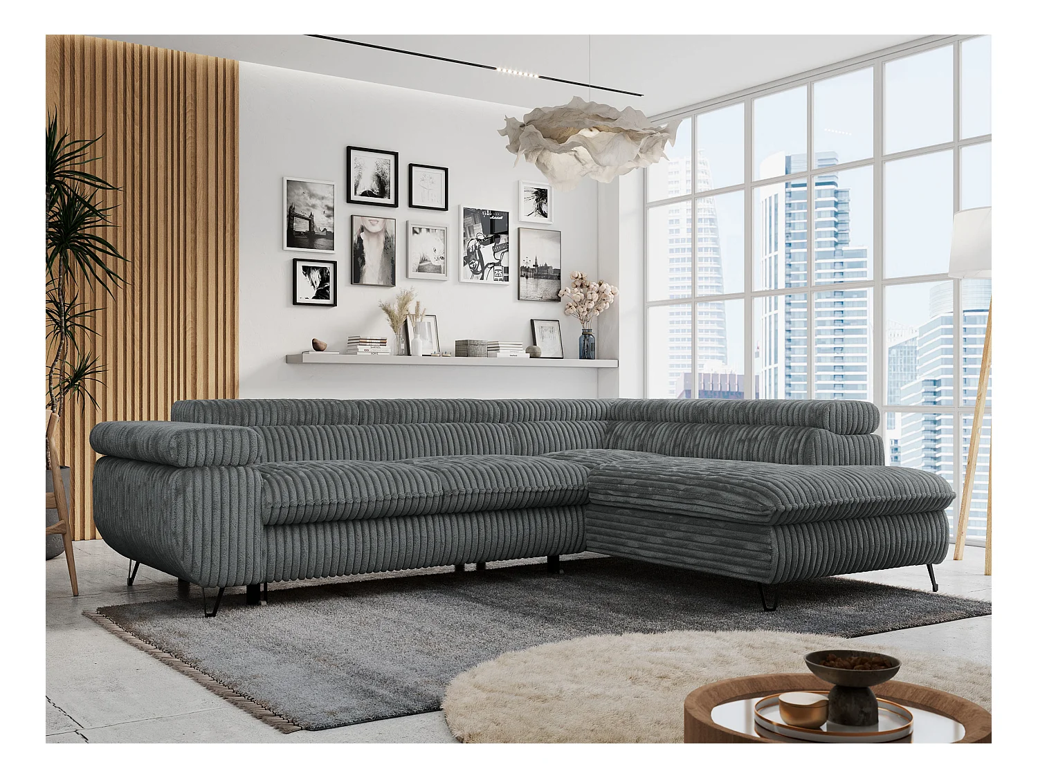 Ecksofa PETER verstellbare Kopfstütze, schlaffunktion - Dunkelgrau Cord - Ecke Rechts