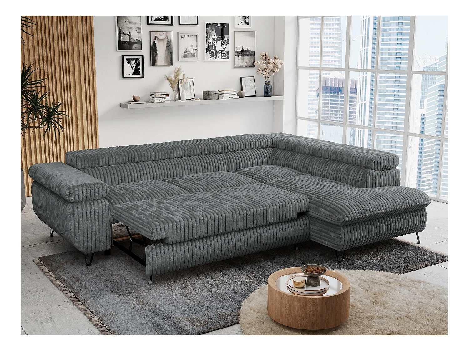 Ecksofa PETER verstellbare Kopfstütze, schlaffunktion - Dunkelgrau Cord - Ecke Rechts