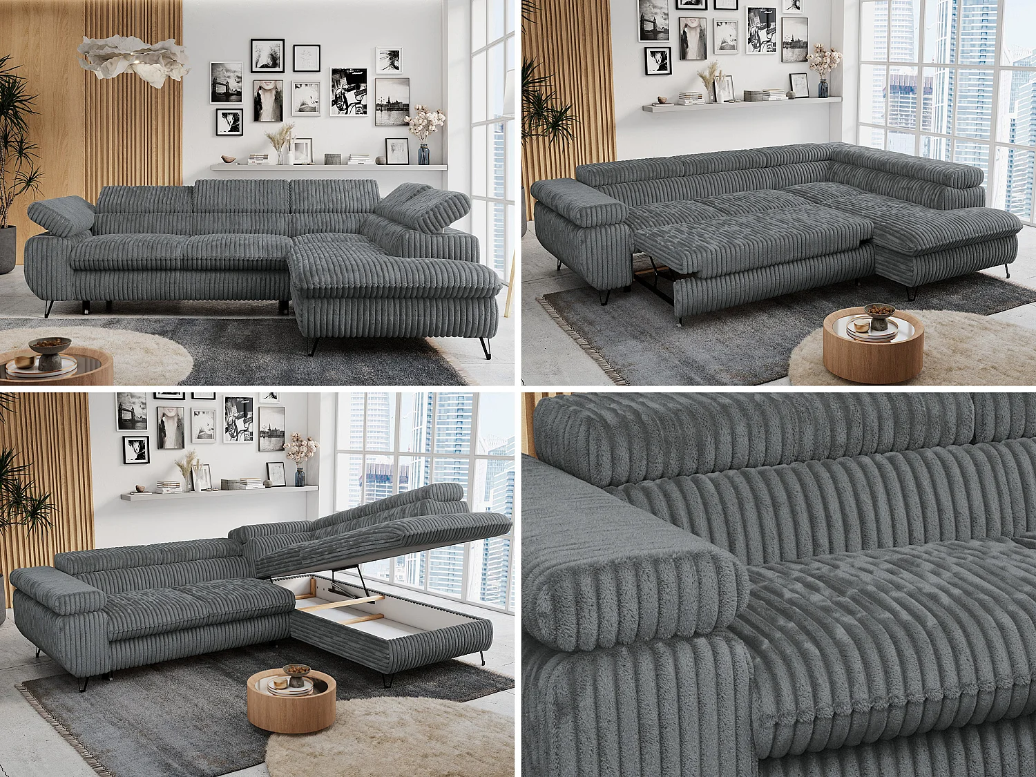 Ecksofa PETER verstellbare Kopfstütze, schlaffunktion - Dunkelgrau Cord - Ecke Rechts