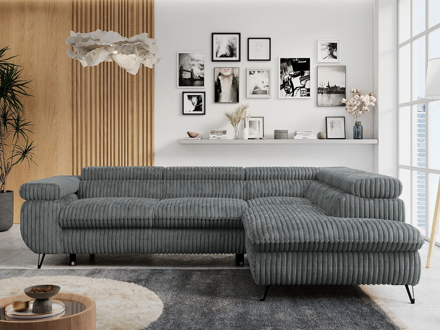 Ecksofa PETER verstellbare Kopfstütze, schlaffunktion - Dunkelgrau Cord - Ecke Rechts