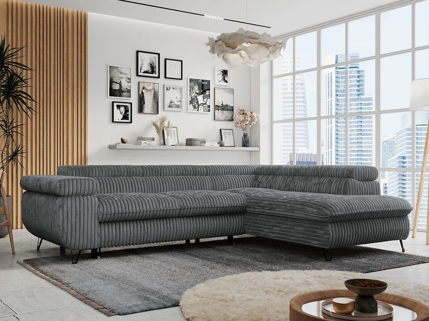 Ecksofa PETER verstellbare Kopfstütze, schlaffunktion - Dunkelgrau Cord - Ecke Rechts