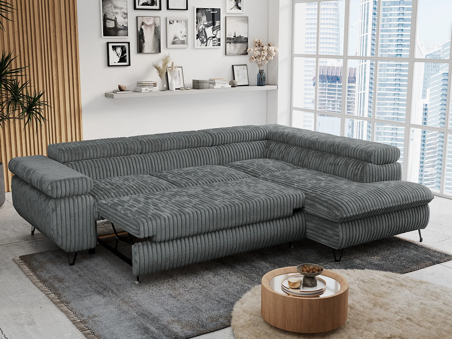 Ecksofa PETER verstellbare Kopfstütze, schlaffunktion - Dunkelgrau Cord - Ecke Rechts