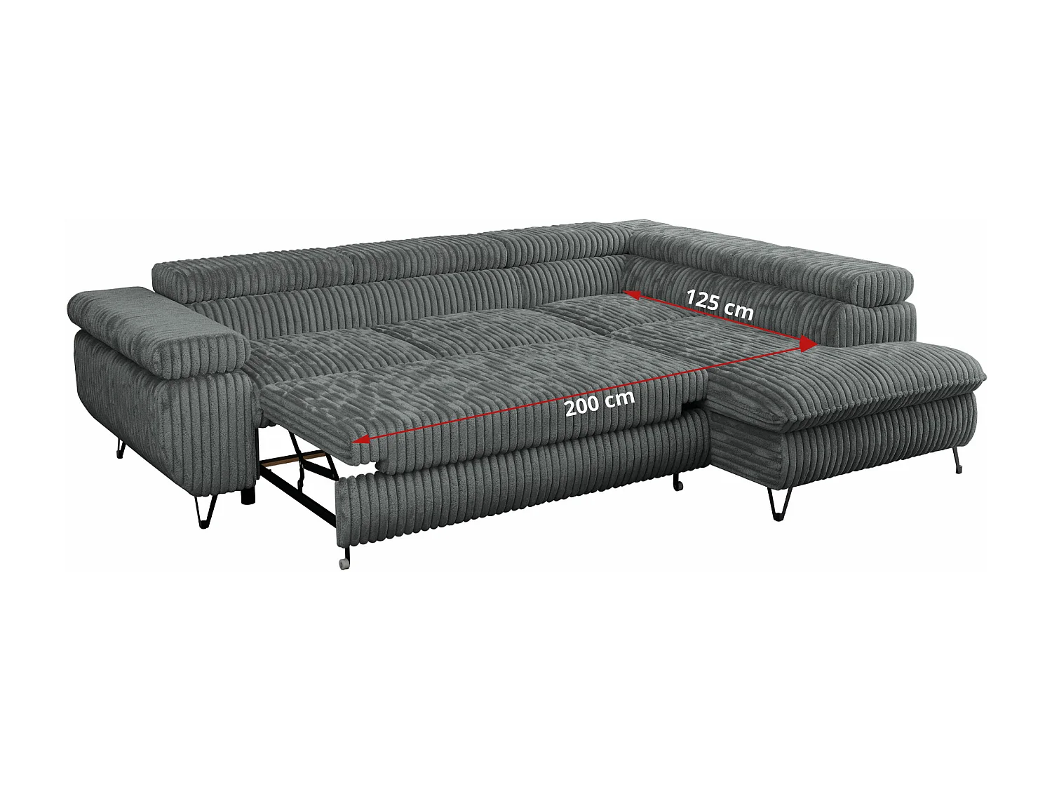 Ecksofa PETER verstellbare Kopfstütze, schlaffunktion - Dunkelgrau Cord - Ecke Rechts