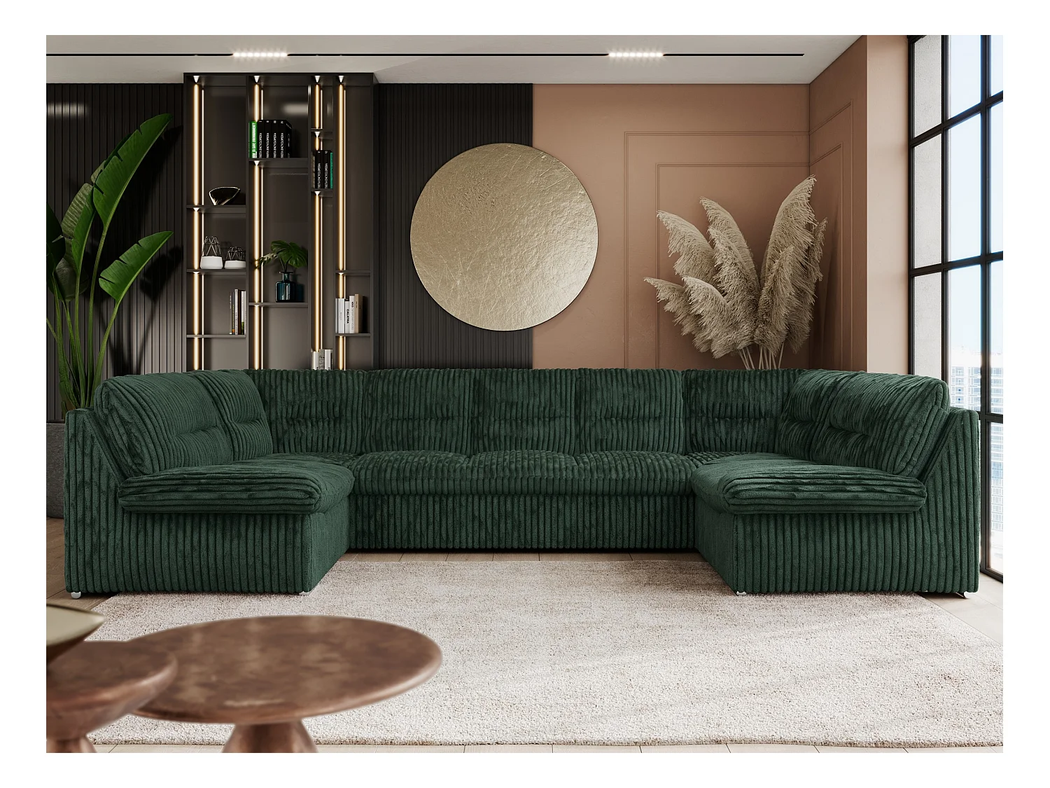 Ecksofa COMODO U, Große Wohnlandschaft, mit Schlaffunktion - Grün Cord