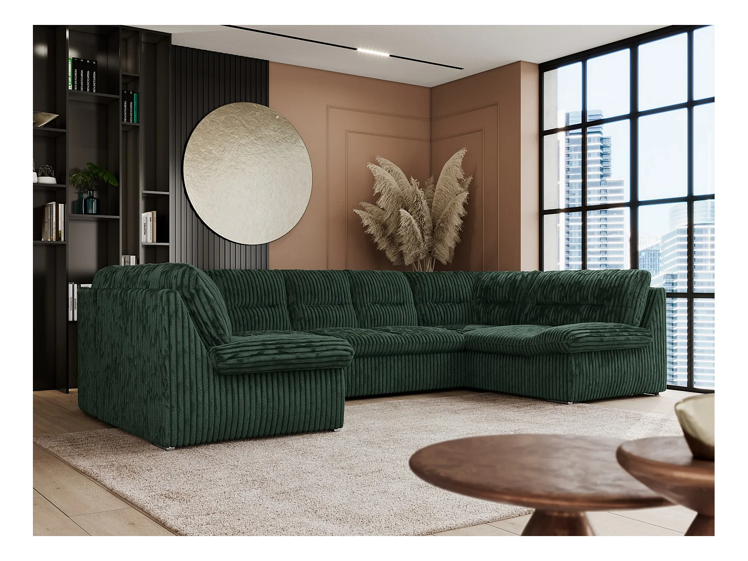 Ecksofa COMODO U, Große Wohnlandschaft, mit Schlaffunktion - Grün Cord