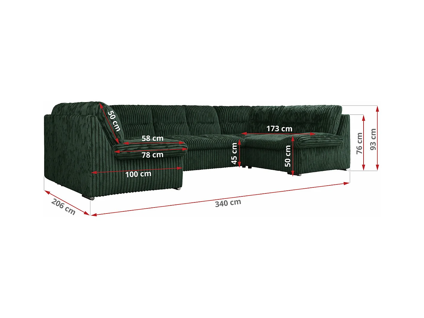 Ecksofa COMODO U, Große Wohnlandschaft, mit Schlaffunktion - Grün Cord