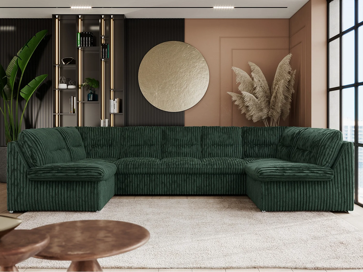 Ecksofa COMODO U, Große Wohnlandschaft, mit Schlaffunktion - Grün Cord