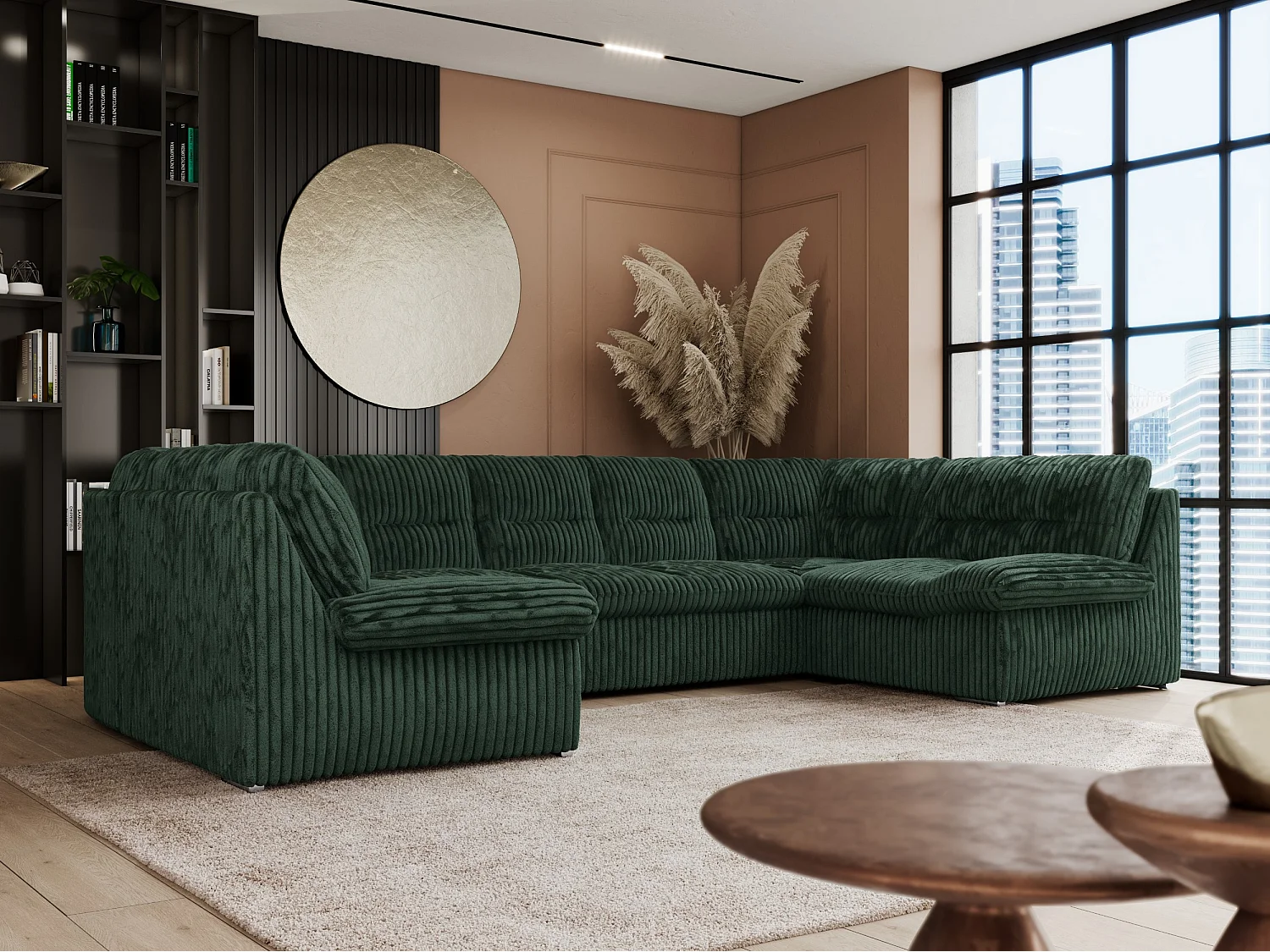 Ecksofa COMODO U, Große Wohnlandschaft, mit Schlaffunktion - Grün Cord