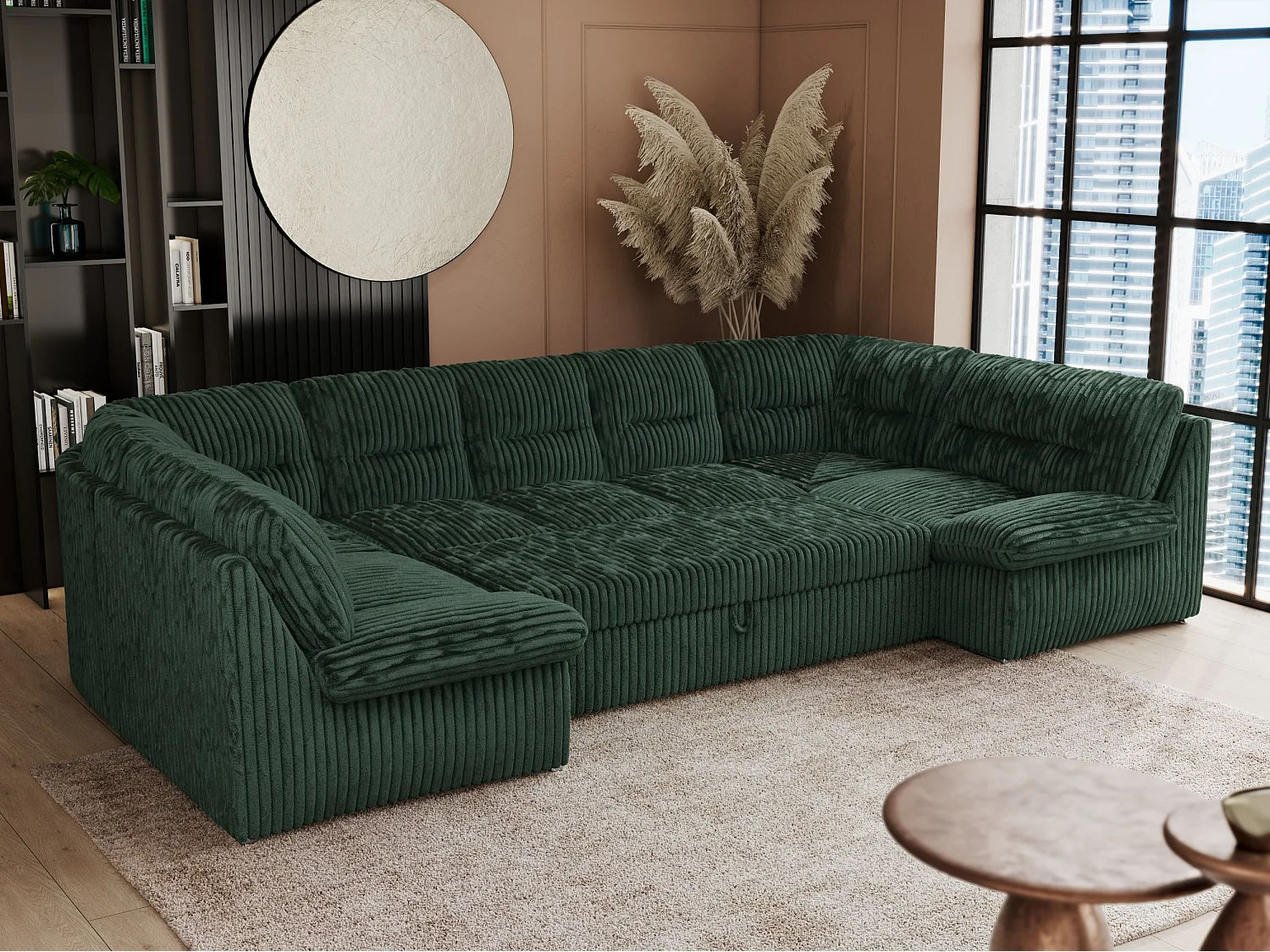 Ecksofa COMODO U, Große Wohnlandschaft, mit Schlaffunktion - Grün Cord