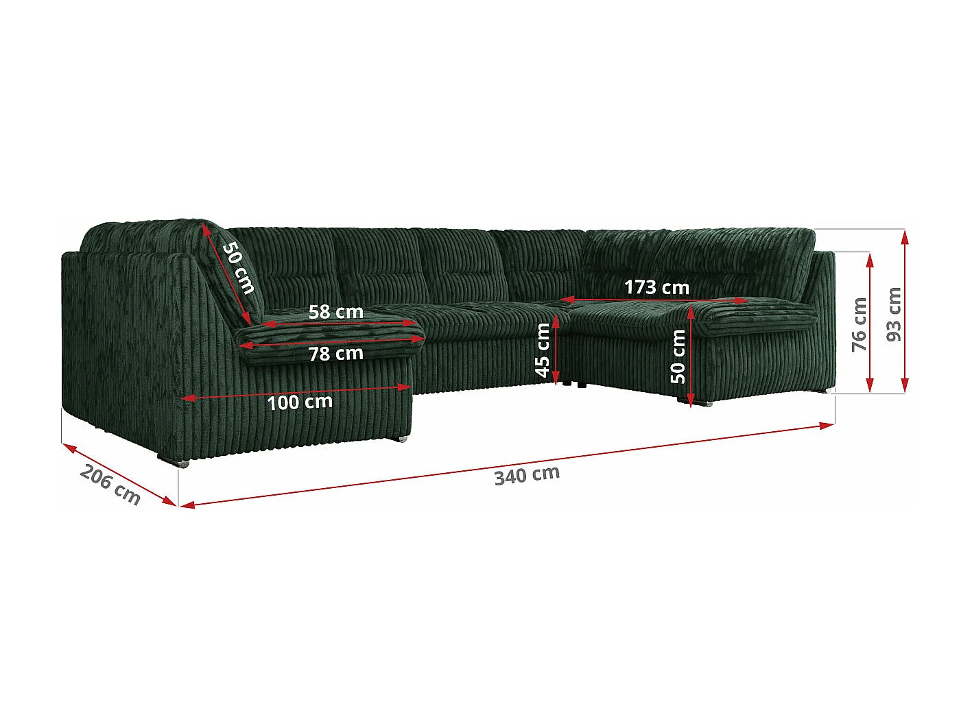 Ecksofa COMODO U, Große Wohnlandschaft, mit Schlaffunktion - Grün Cord
