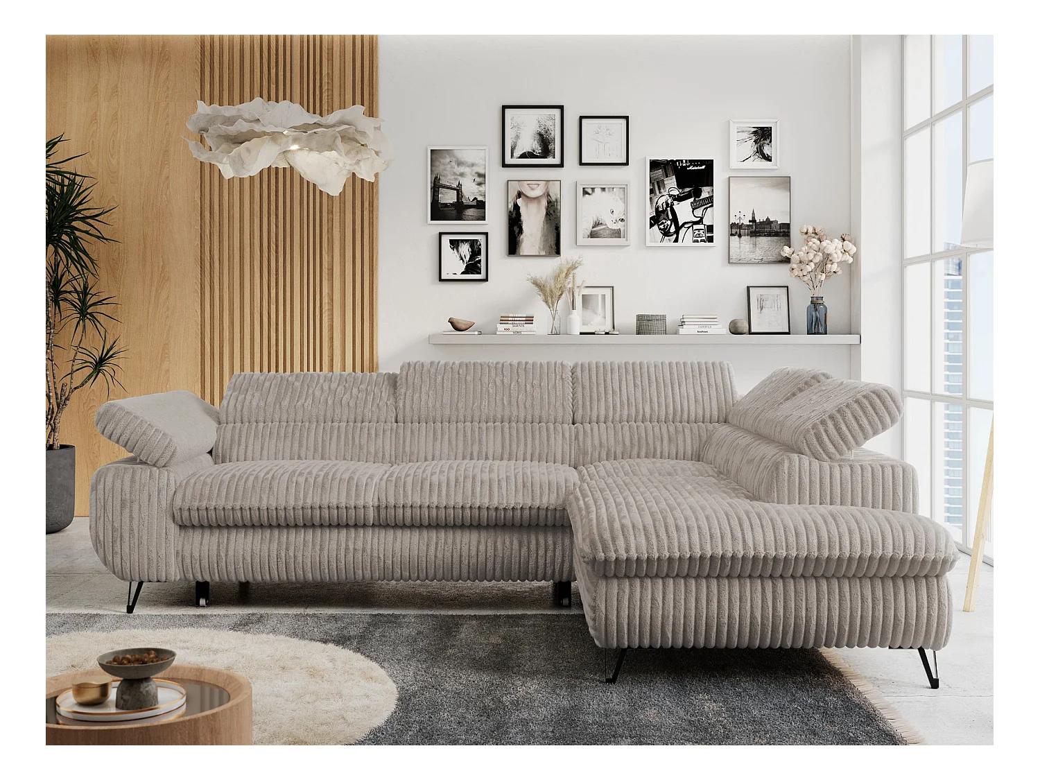 Ecksofa PETER verstellbare Kopfstütze, schlaffunktion - Grau Cord - Ecke Rechts