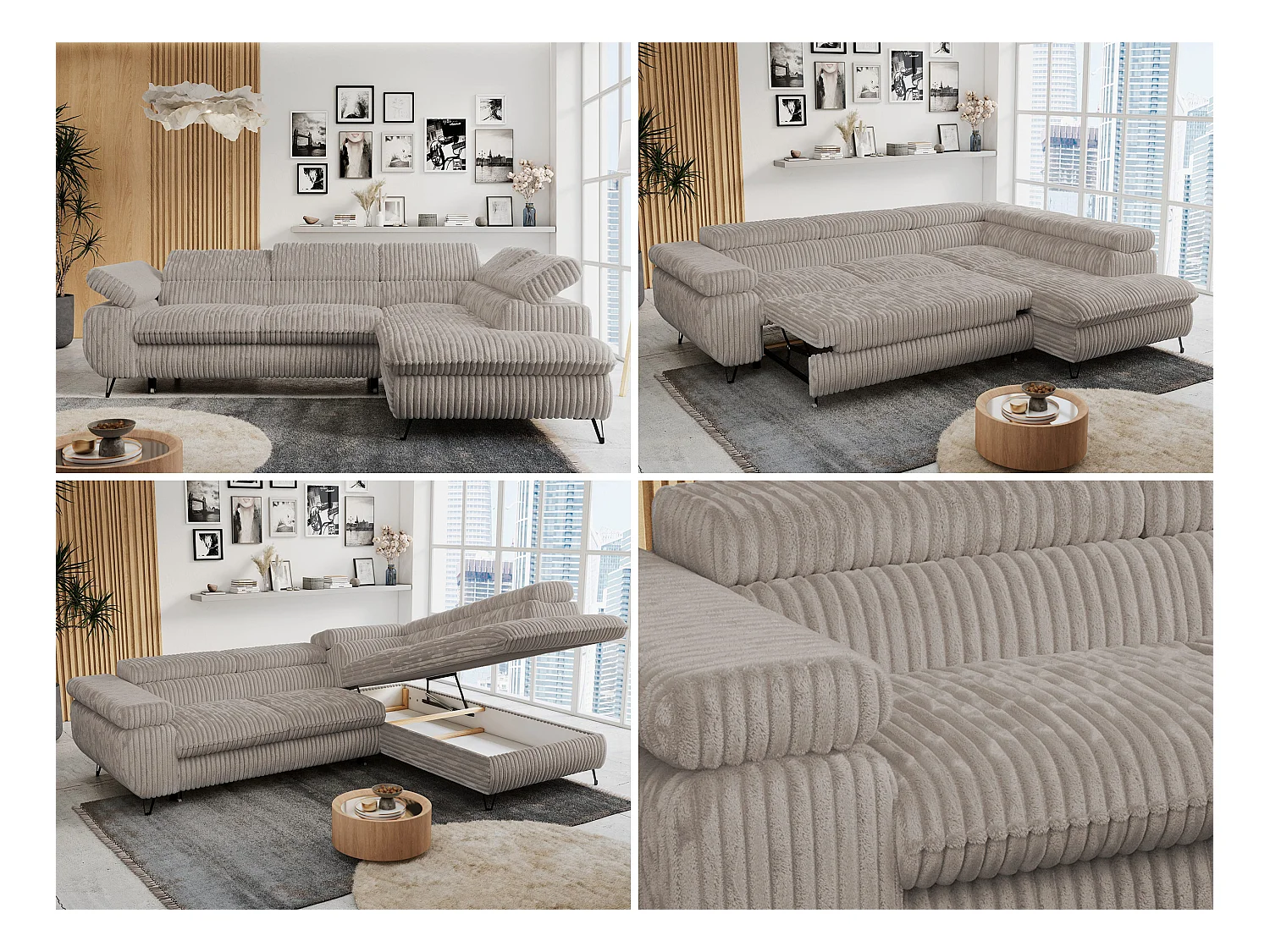 Ecksofa PETER verstellbare Kopfstütze, schlaffunktion - Grau Cord - Ecke Rechts