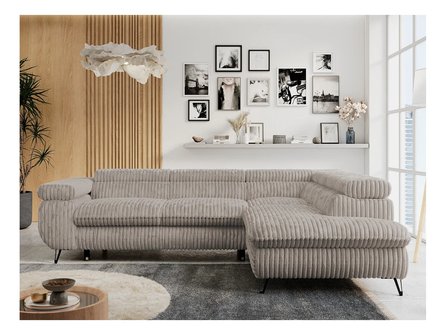 Ecksofa PETER verstellbare Kopfstütze, schlaffunktion - Grau Cord - Ecke Rechts