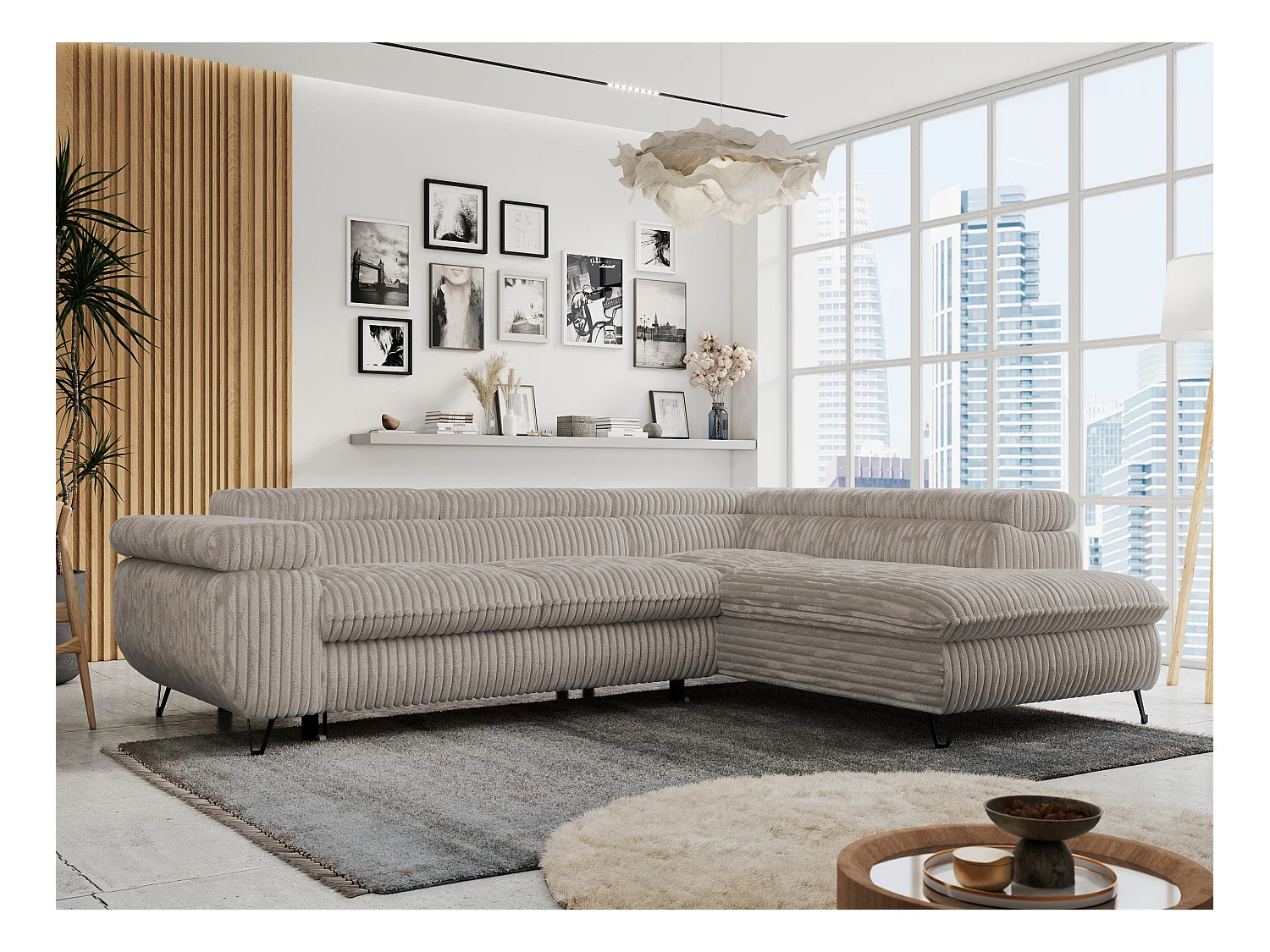 Ecksofa PETER verstellbare Kopfstütze, schlaffunktion - Grau Cord - Ecke Rechts