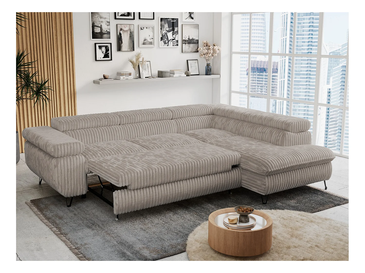 Ecksofa PETER verstellbare Kopfstütze, schlaffunktion - Grau Cord - Ecke Rechts