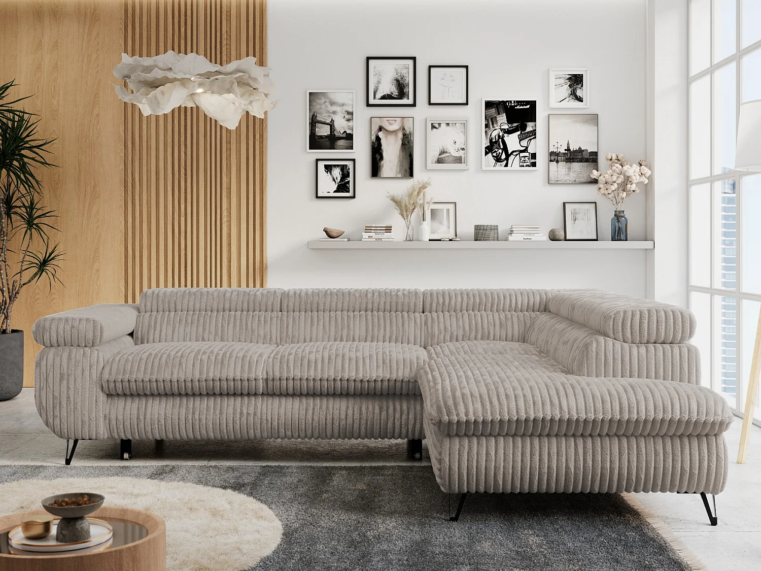 Ecksofa PETER verstellbare Kopfstütze, schlaffunktion - Grau Cord - Ecke Rechts