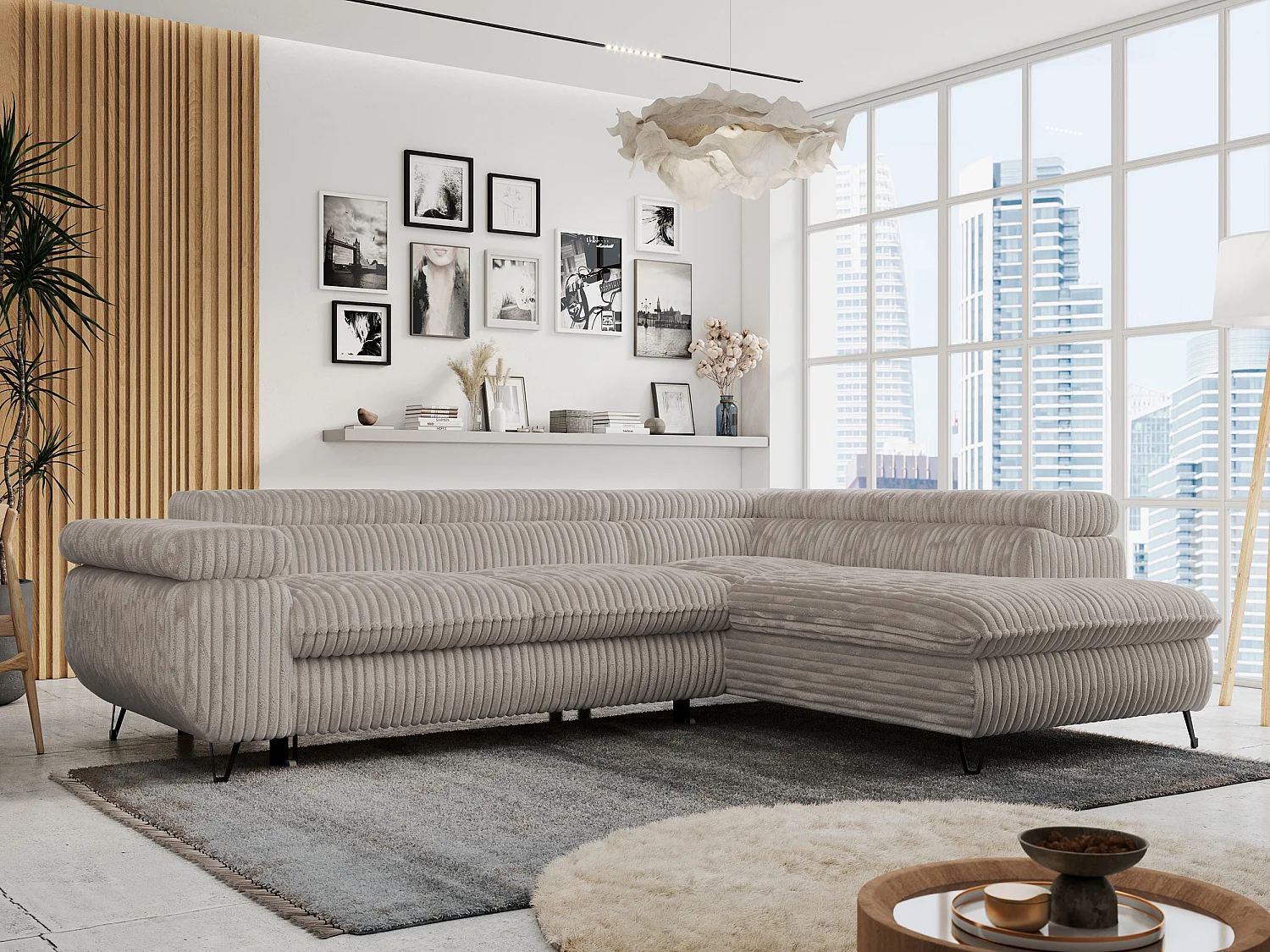 Ecksofa PETER verstellbare Kopfstütze, schlaffunktion - Grau Cord - Ecke Rechts