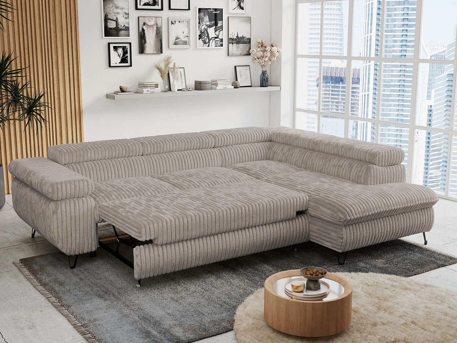 Ecksofa PETER verstellbare Kopfstütze, schlaffunktion - Grau Cord - Ecke Rechts