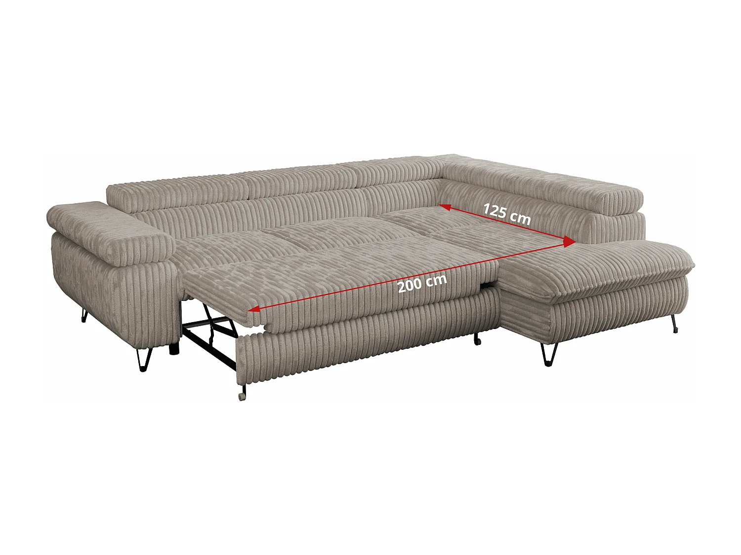 Ecksofa PETER verstellbare Kopfstütze, schlaffunktion - Grau Cord - Ecke Rechts