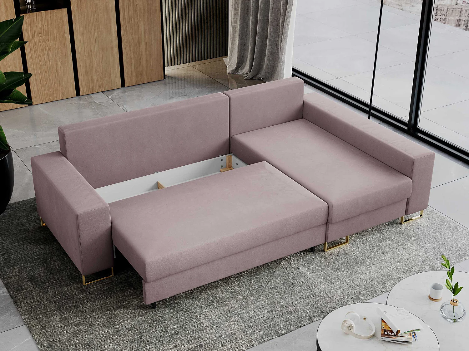 Ecksofa DORIAN - schlaffunktion und Bettkasten, lose Kissen - Rosa Velvet