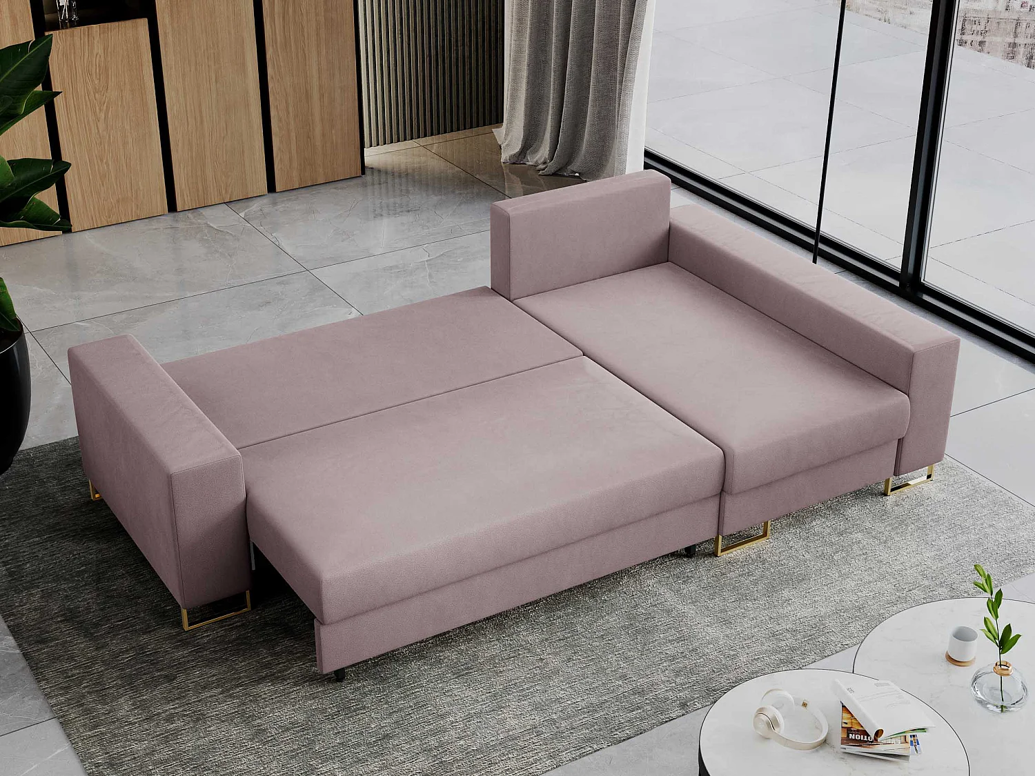 Ecksofa DORIAN - schlaffunktion und Bettkasten, lose Kissen - Rosa Velvet
