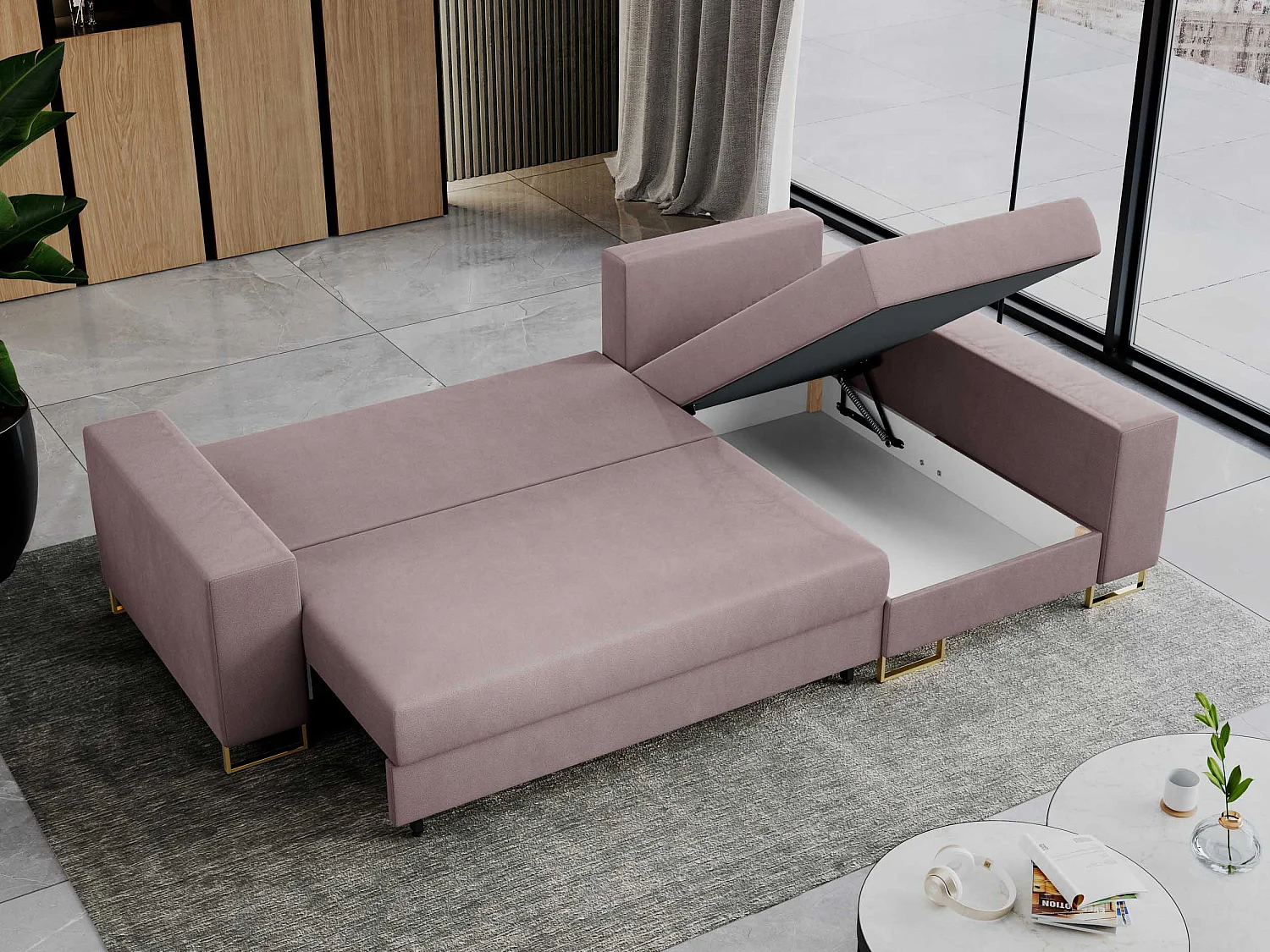 Ecksofa DORIAN - schlaffunktion und Bettkasten, lose Kissen - Rosa Velvet