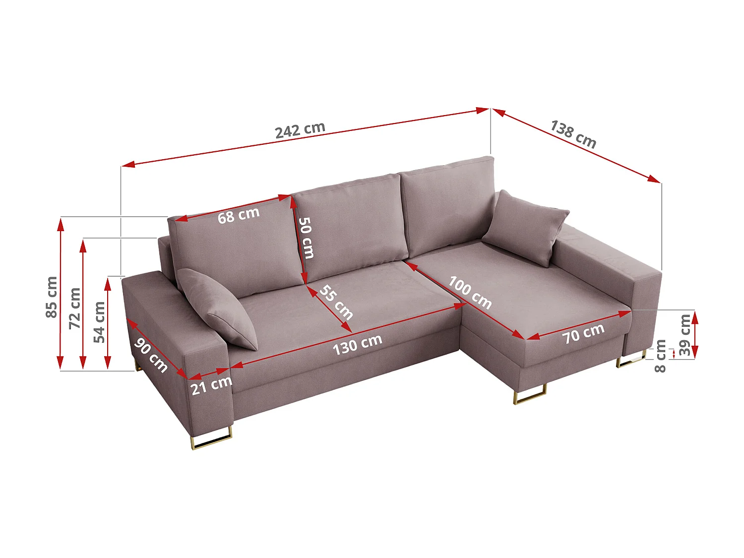 Ecksofa DORIAN - schlaffunktion und Bettkasten, lose Kissen - Rosa Velvet