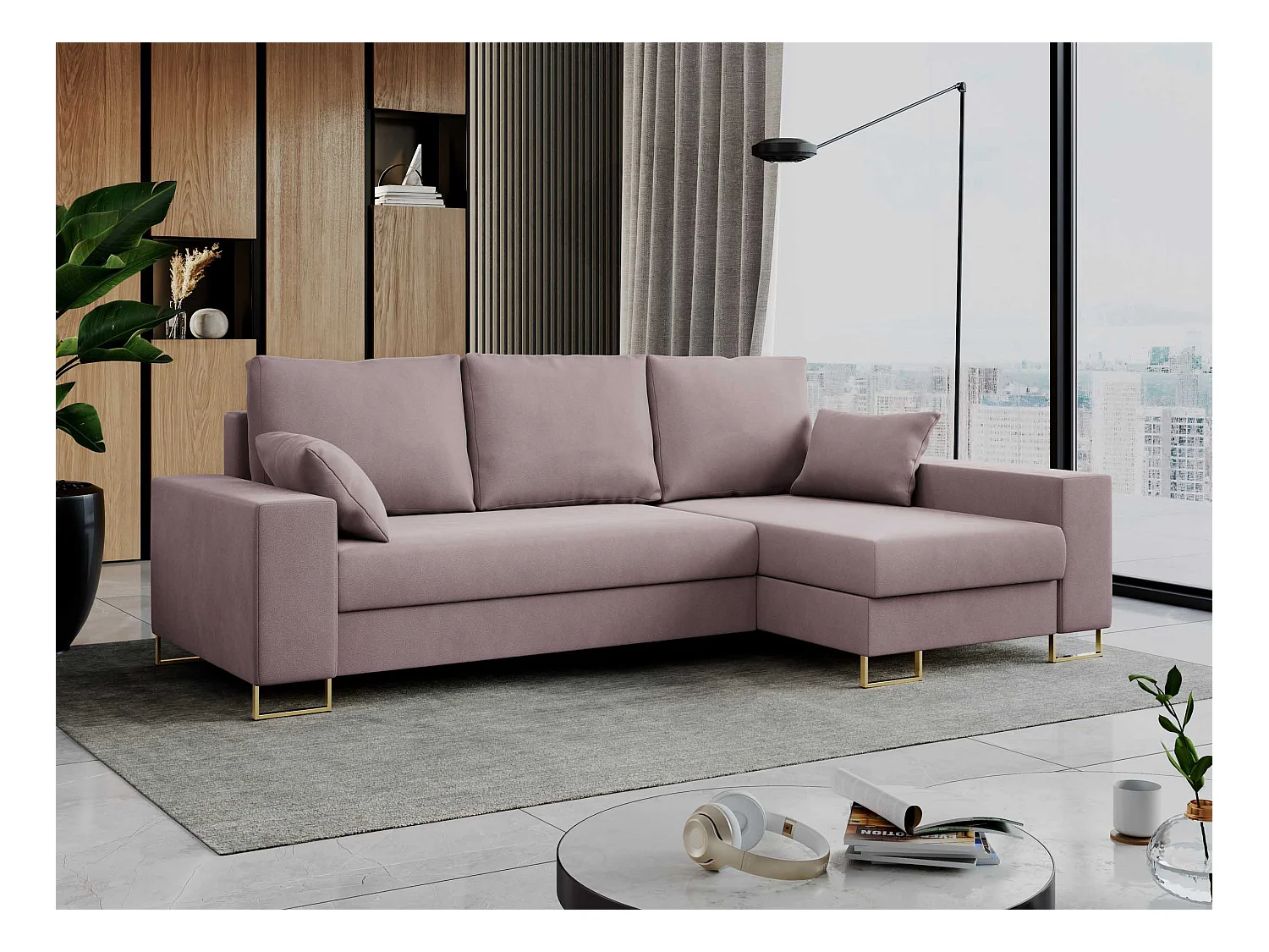 Ecksofa DORIAN - schlaffunktion und Bettkasten, lose Kissen - Rosa Velvet