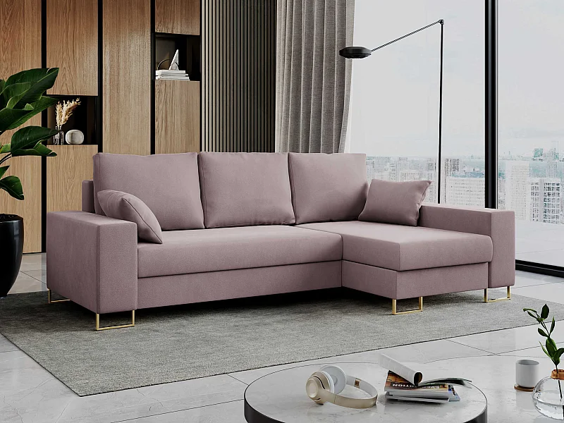 Ecksofa DORIAN - schlaffunktion und Bettkasten, lose Kissen - Rosa Velvet