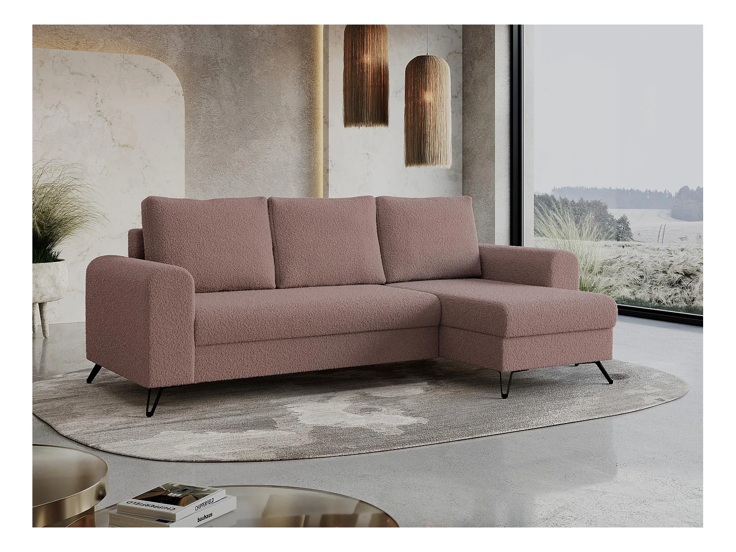 Ecksofa HUGO - L-Form mit Schlaffunktion, lose Kissen - Rosa Boucle