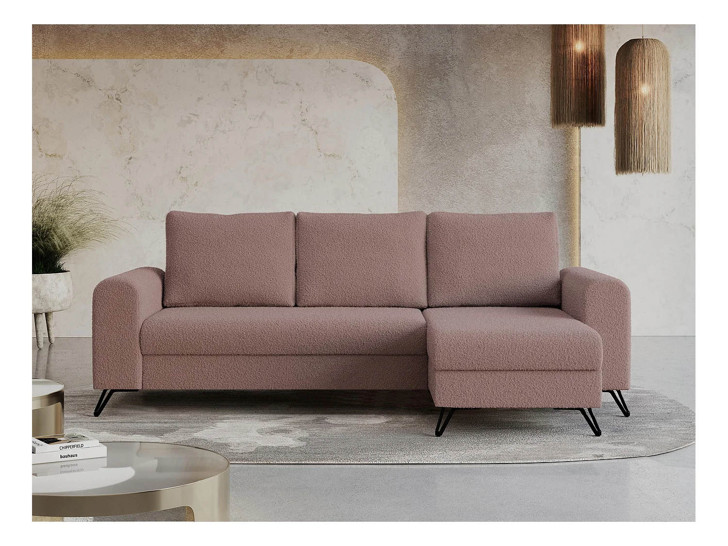 Ecksofa HUGO - L-Form mit Schlaffunktion, lose Kissen - Rosa Boucle
