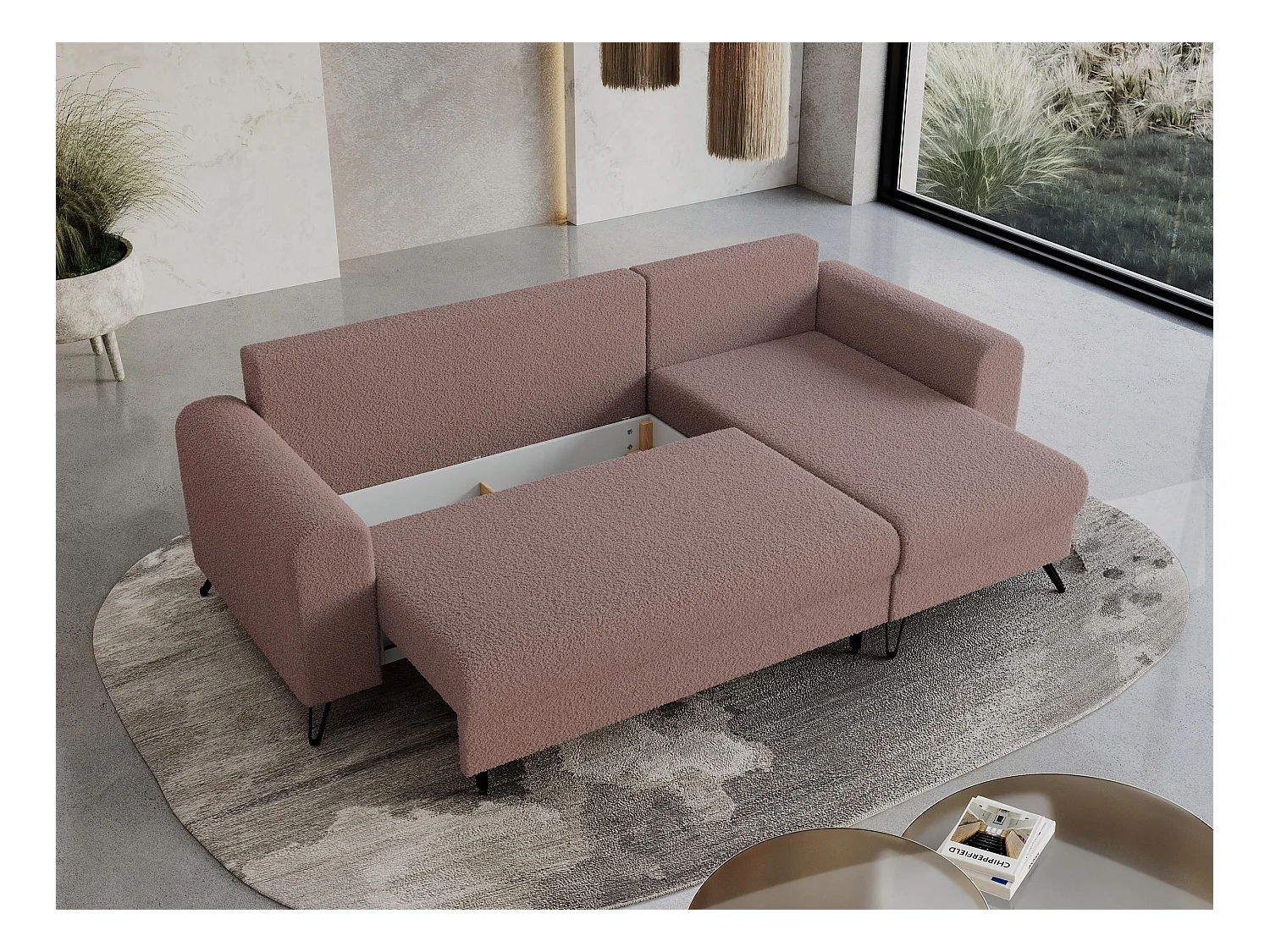 Ecksofa HUGO - L-Form mit Schlaffunktion, lose Kissen - Rosa Boucle