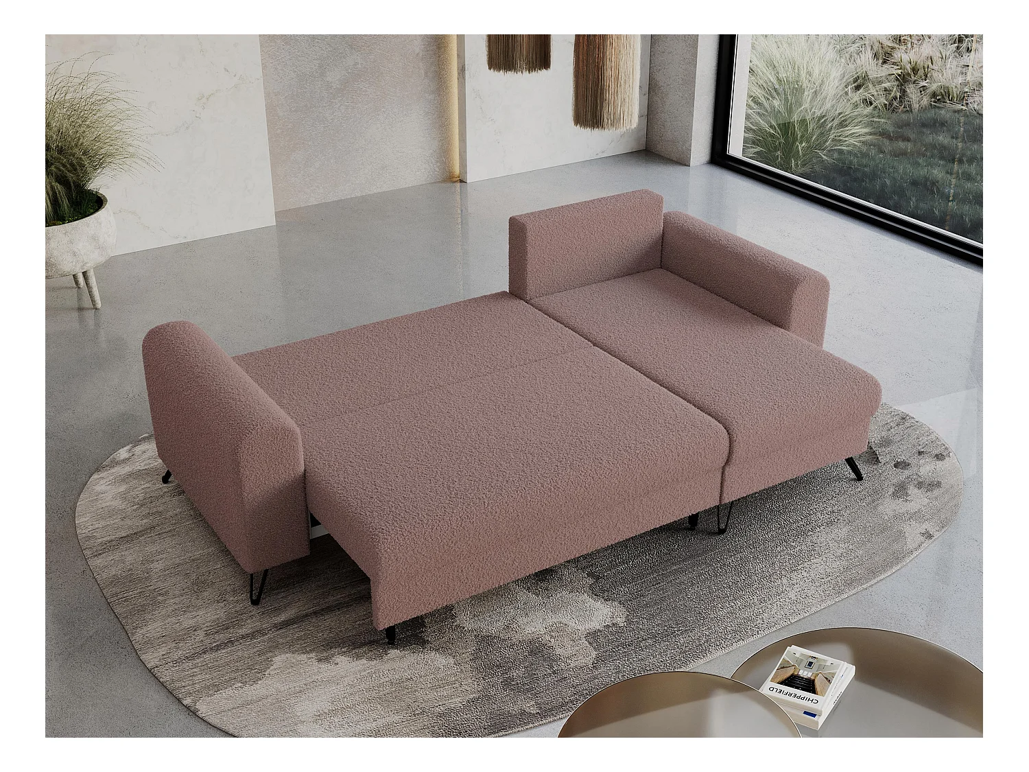 Ecksofa HUGO - L-Form mit Schlaffunktion, lose Kissen - Rosa Boucle