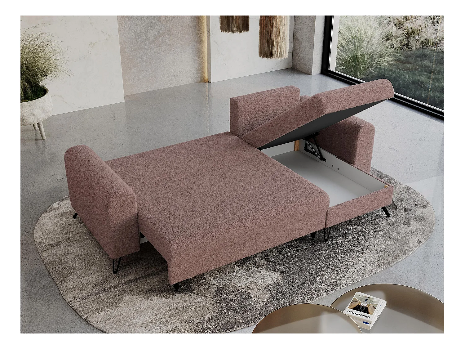 Ecksofa HUGO - L-Form mit Schlaffunktion, lose Kissen - Rosa Boucle